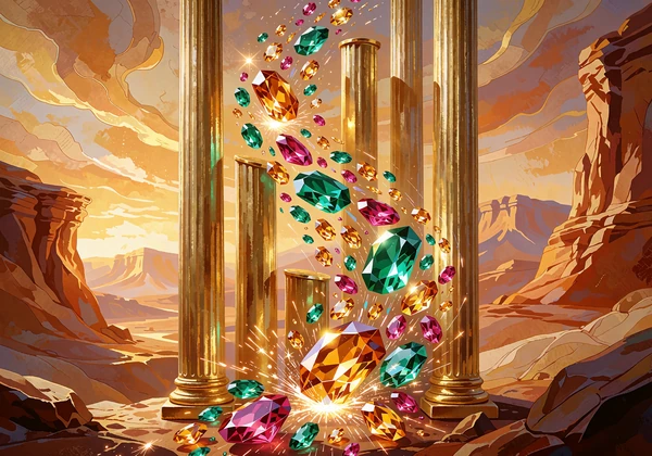 Kaskade af facetterede &aelig;delsten falder gennem seks gyldne s&oslash;jler - illustration til Megaways-spilleautomater