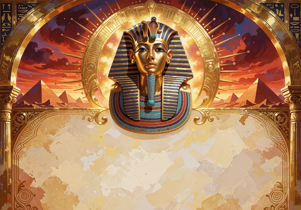 Gylden faraomaske foran pyramider i r&oslash;d solnedgang - illustration til klassiske spilleautomater
