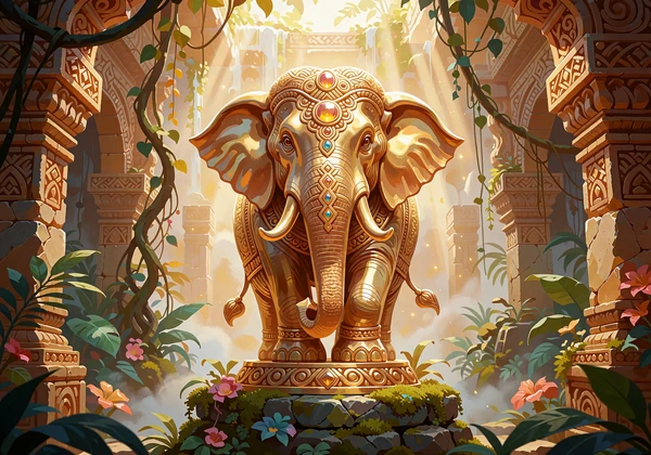 Gylden elefantfigur p&aring; stenalter i junglens tempel - illustration til slots du kan pr&oslash;ve i demo