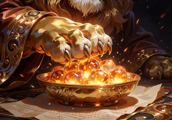 L&oslash;vepote over gl&oslash;dende ravgule kugler i en gylden sk&aring;l - illustration til Hold & Win-slots