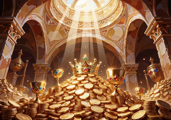 Bunke af guldm&oslash;nter, b&aelig;gre og en gylden krone i et hv&aelig;lvet skatkammer - illustration til jackpot spilleautomater